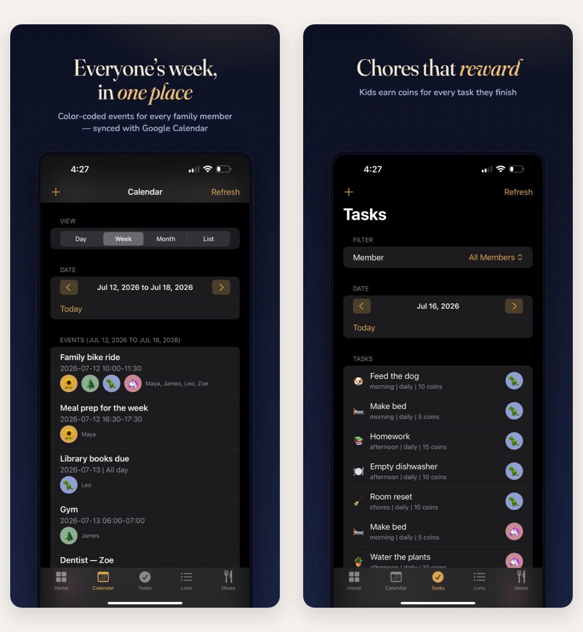 Branfam calendar and chores screens