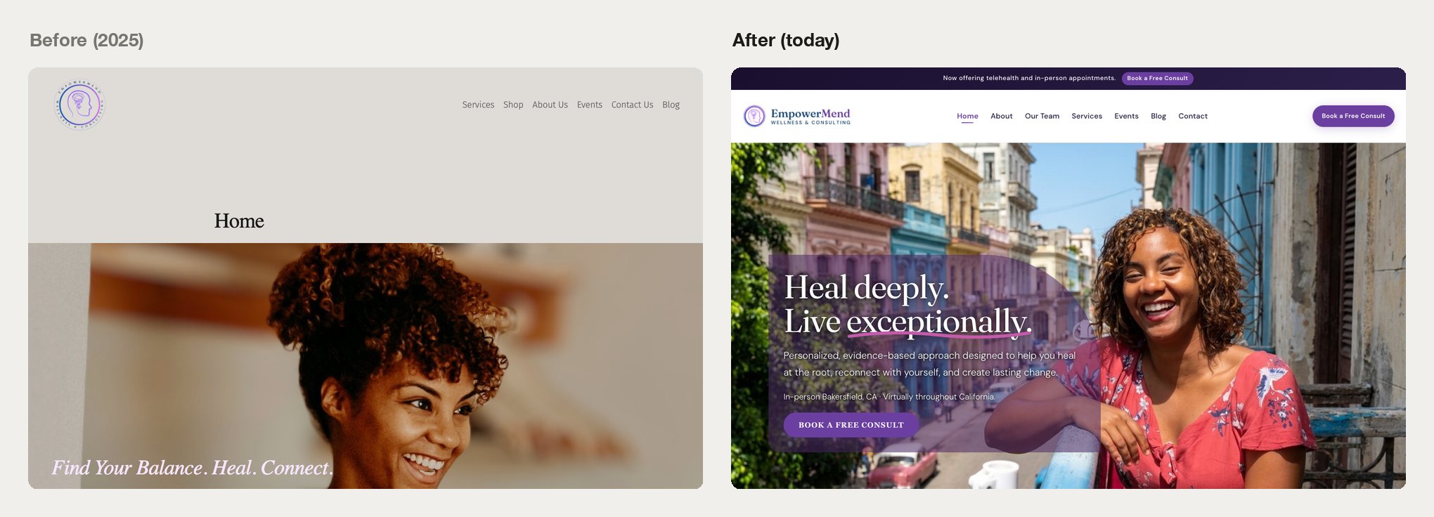 The EmpowerMend therapy practice website in 2025 and after the redesign