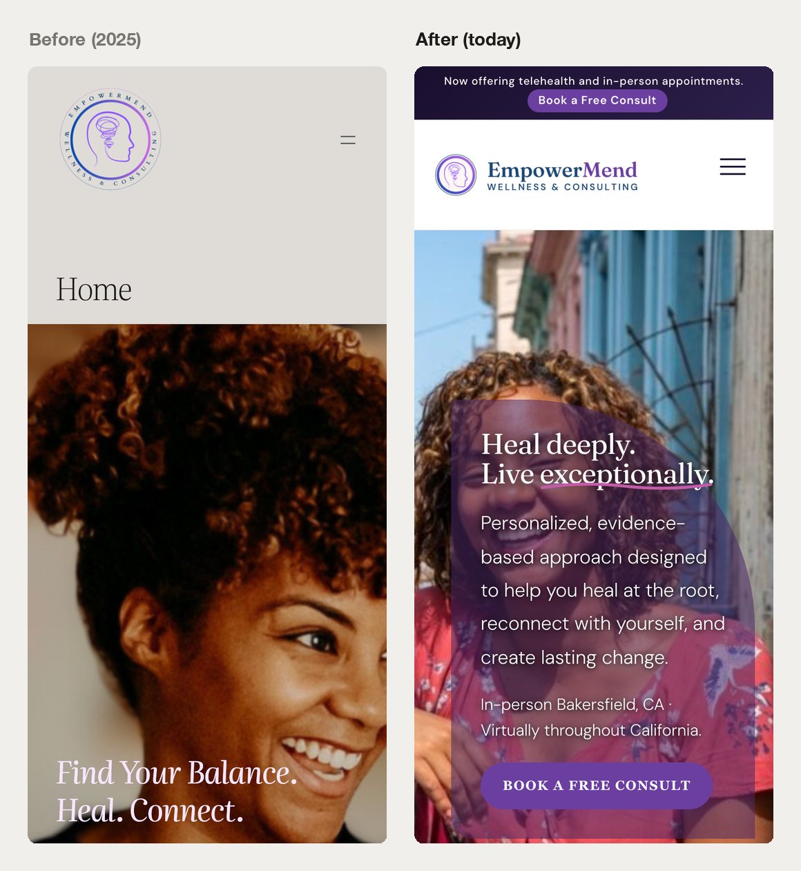 The EmpowerMend mobile site in 2025 and today