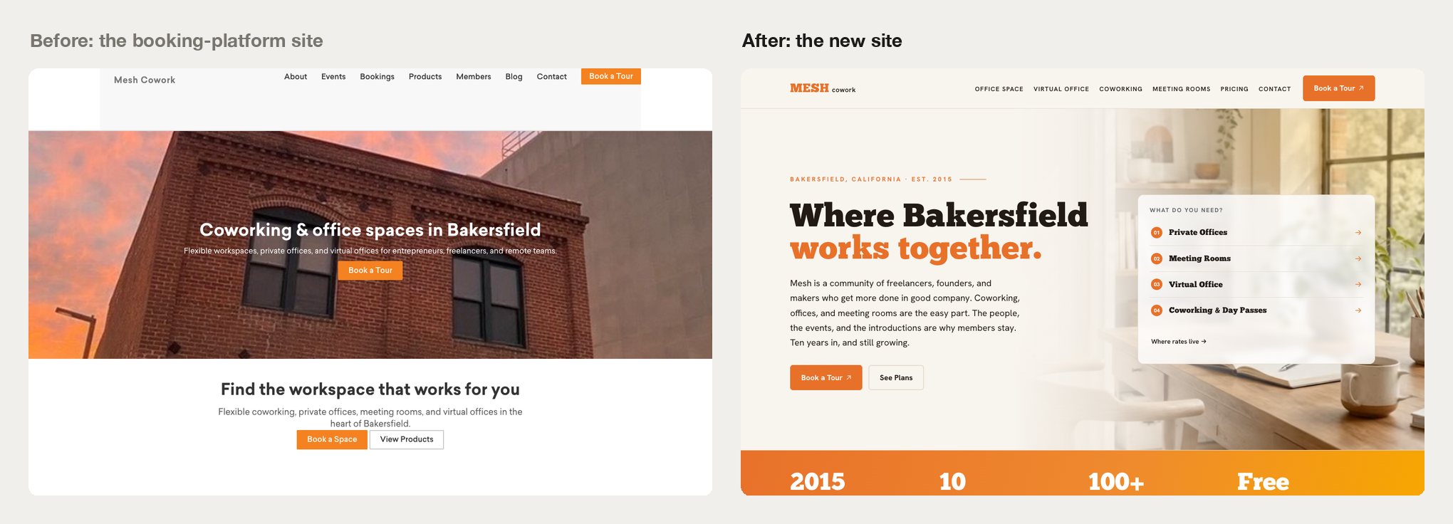 The previous Mesh site on the booking platform, and the coworking website redesign
