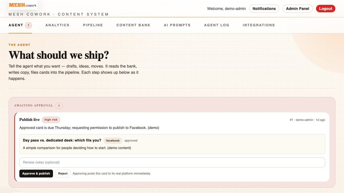 Case study: Content engine approval queue with a demo post waiting for approval
