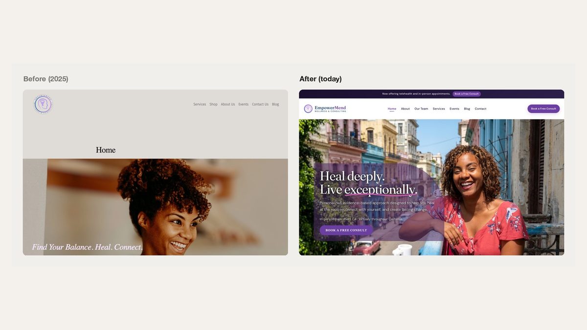 The previous EmpowerMend Wellness website and the redesigned site