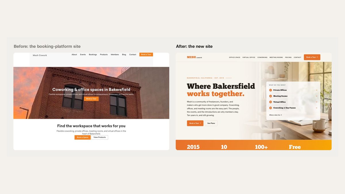 The previous Mesh Cowork website and the redesigned site