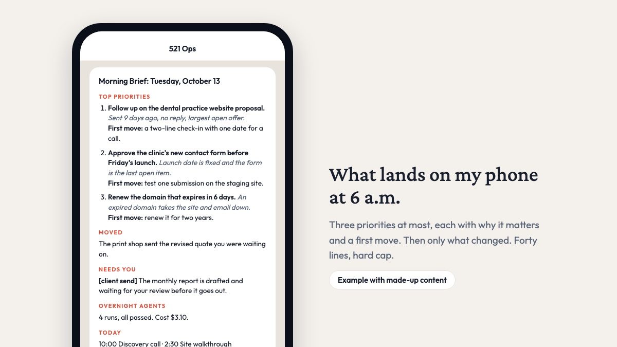 Example morning brief on a phone, with made-up content