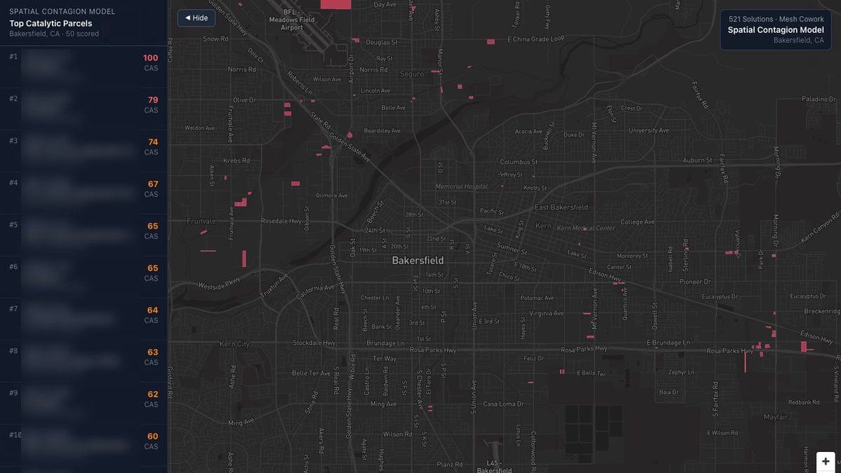 Case study: Office IQ map of Bakersfield with scored parcels and a blurred ranked list